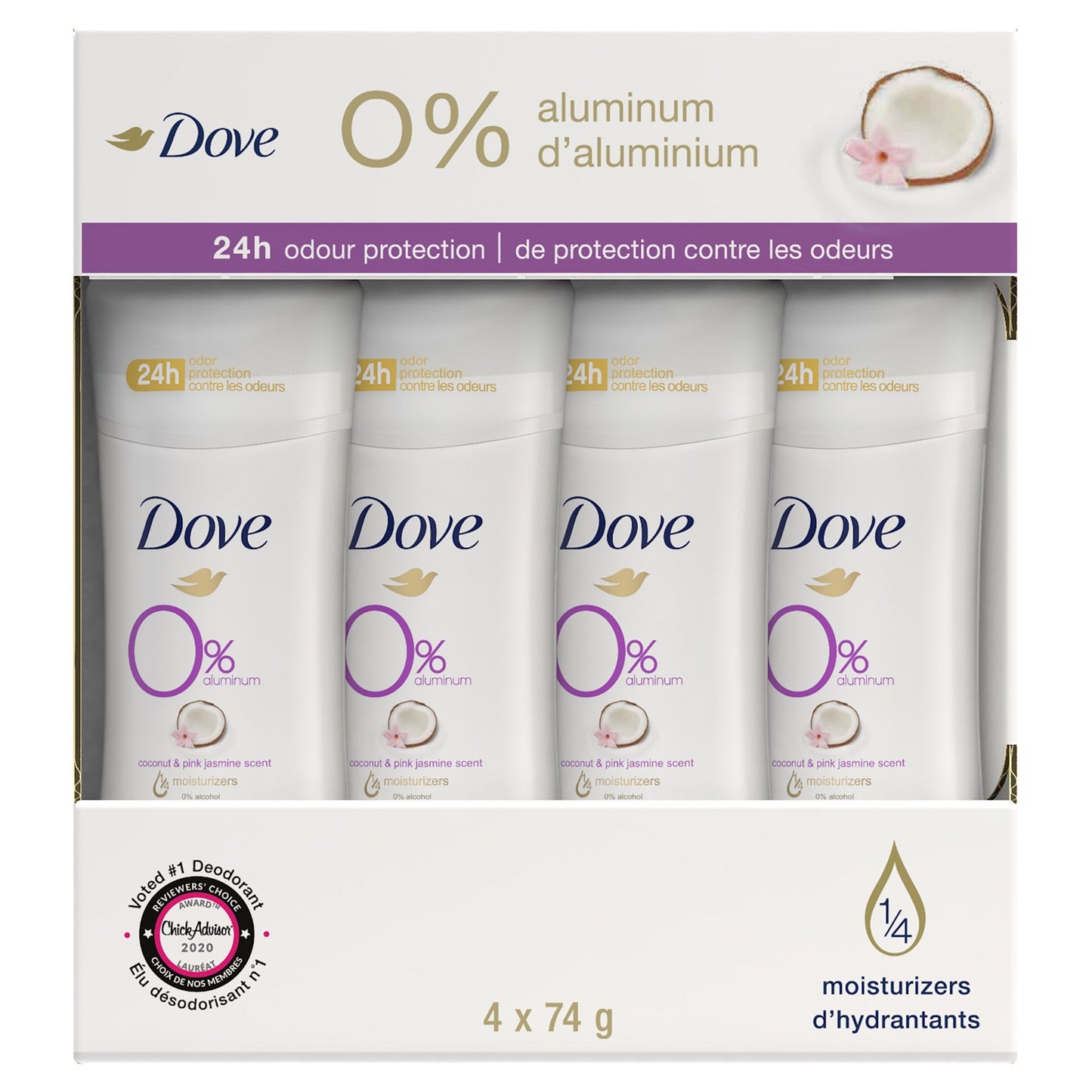 Dove 0% Deodorant Coconut and Pink Jasmine, 4 x 74 g